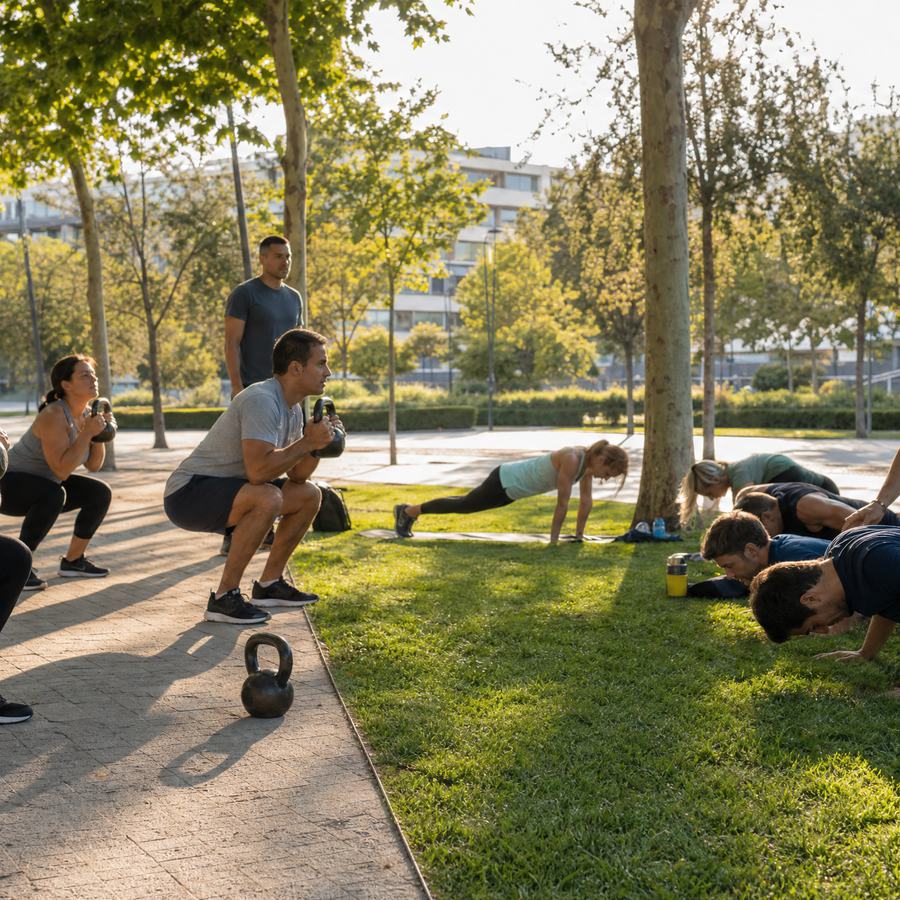 Grupo entrenando sentadillas con kettlebell en una plaza de Vitacura - Zanos
